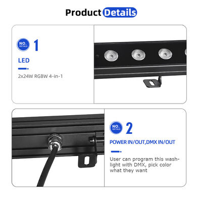 Đèn tường LED tuyến tính RGBW 4 trong 1 2x24W IP65 ngoài trời — Đèn rửa chống nước DMX512 cho Tòa nhà, Cầu & Cảnh quan