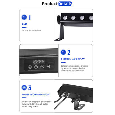 2x12W / 24W RGBW 4-in-1 IP65 pin LED Wall Washer Bar ¢ Không dây không dây DMX512 Wash Light cho sân khấu, tòa nhà & sự kiện